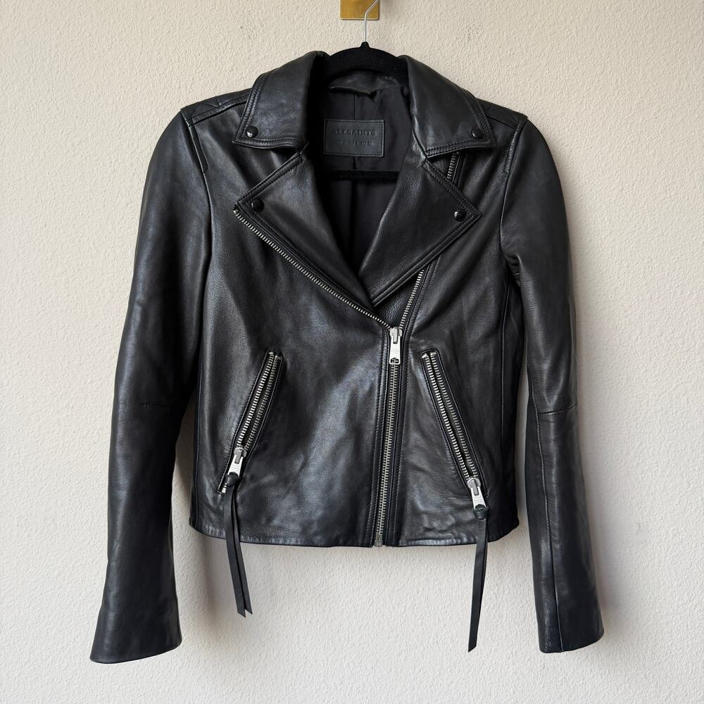 ALLSAINTS Dalby Black Leather Biker Jacket Size 4 - Picture 2 of 7